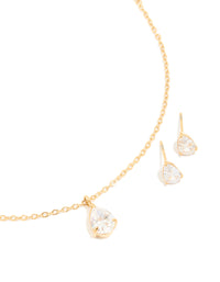 Gold Cubic Zirconia Pear Pendant Necklace & Stud Earrings Set - link has visual effect only