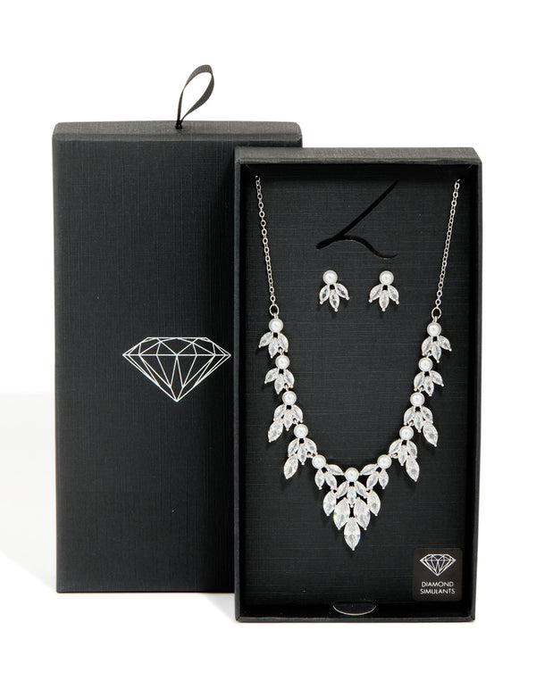 Silver Pearl Cubic Zirconia Flower Earrings & Necklace Set