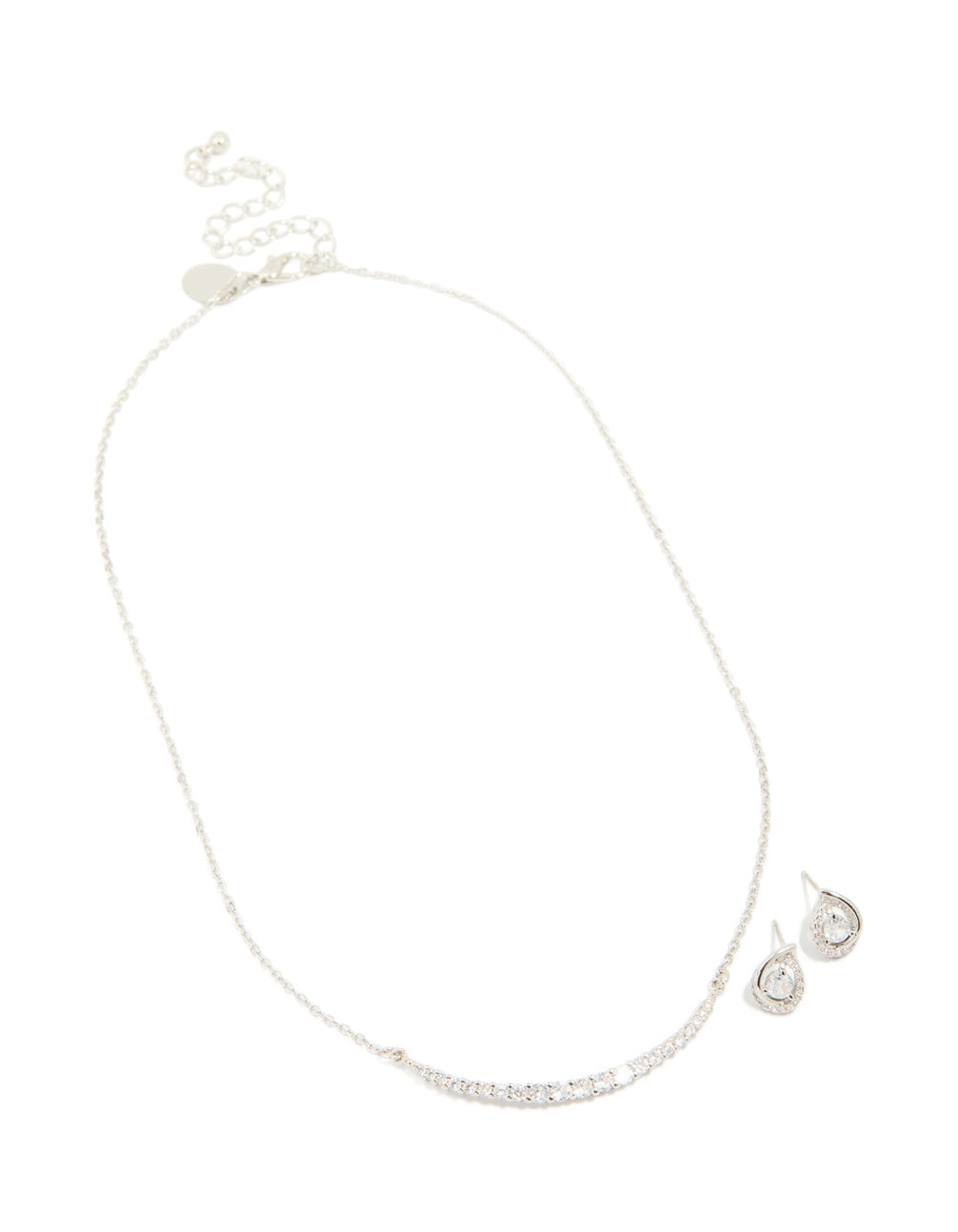 Silver Cubic Zirconia Pear Knot Earrings & Tennis Necklace Set