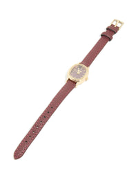 Gold Burgundy PU Leather Oval Watch - link has visual effect only