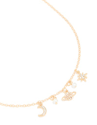 Gold Pearl Diamante Celestial Charm Necklace - link has visual effect only