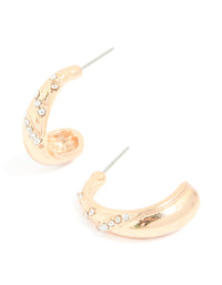 Beautifully crafted gold diamante pear open hoop earrings featuring white stone cut details front view - link has visual effect only