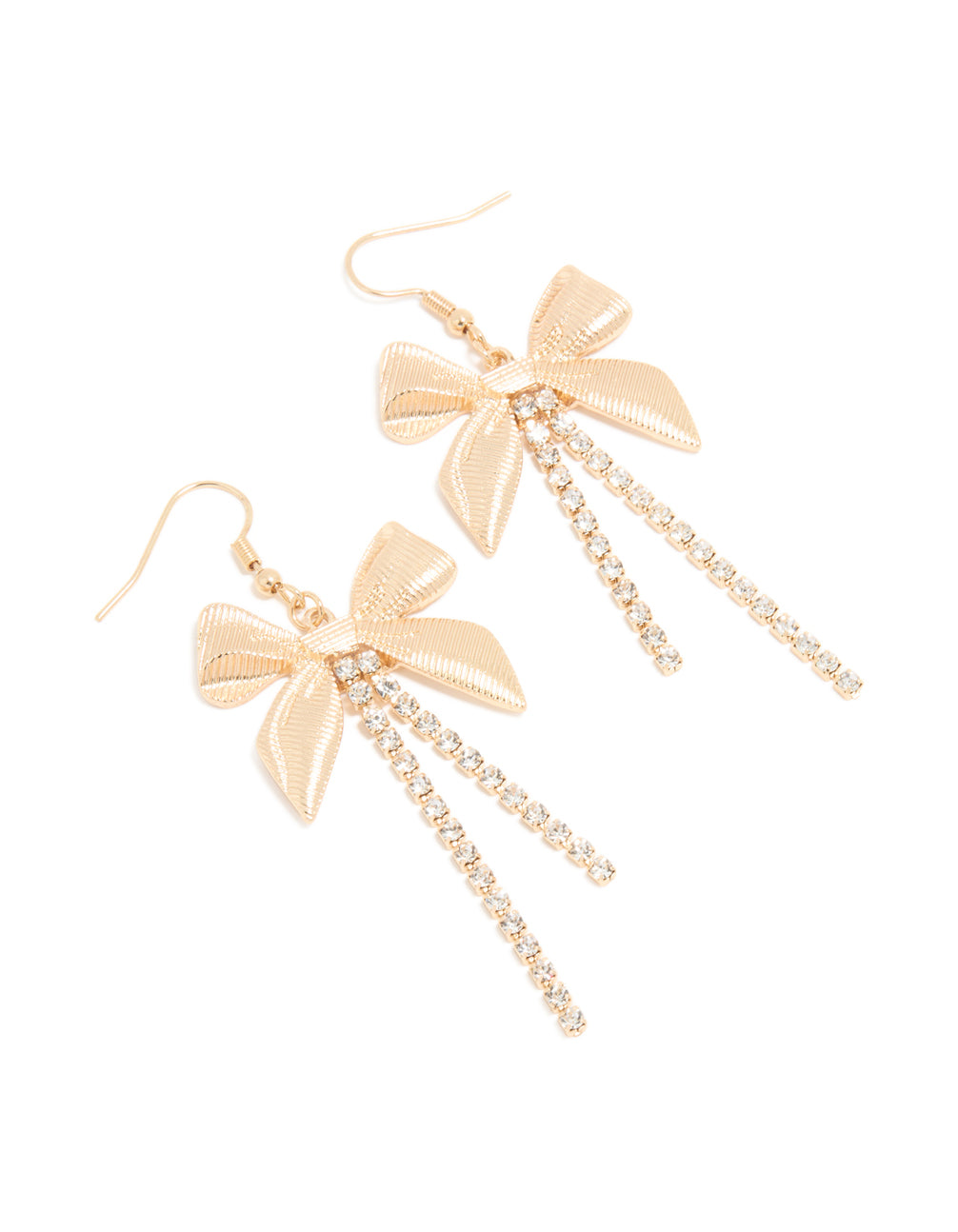 Gold Diamante Ribbed Bow Cupchain Drop Earrings