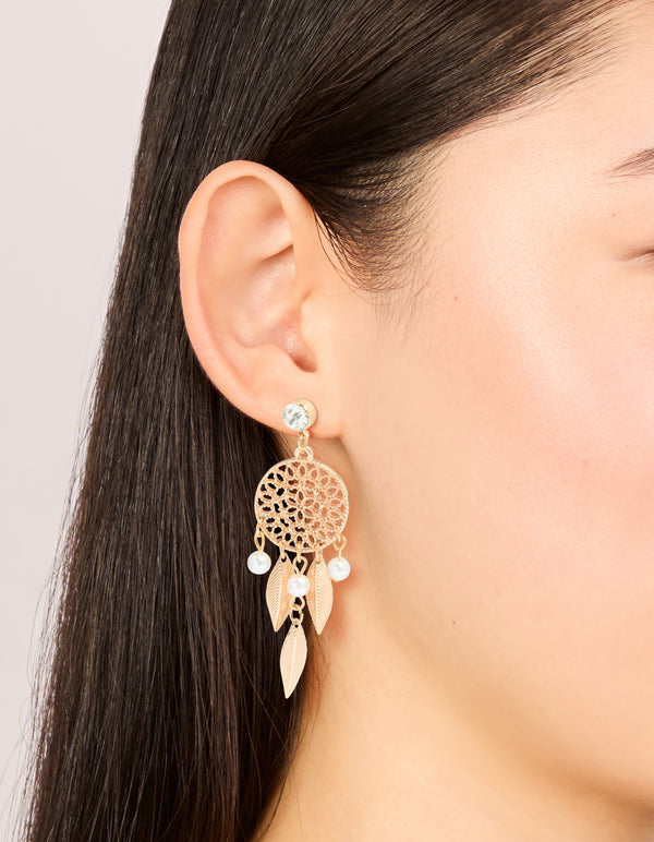 Gold Diamante Pearl Dreamcatcher Earrings