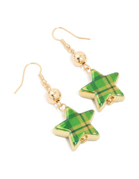 Gold Green Gingham Star & Ball Drop Earrings - link has visual effect only