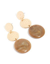 Featuring gold molten and brown stone round drop earrings with statement style front view - link has visual effect only