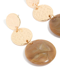 Crafted with gold molten and brown stone round drop earrings featuring statement style close up view - link has visual effect only