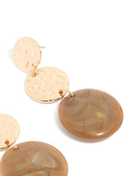 Highlighting gold molten and brown stone round drop earrings with statement style post detail view - link has visual effect only
