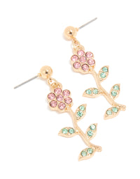 Gold Pink & Green Diamante Daisy Drop Earrings - link has visual effect only