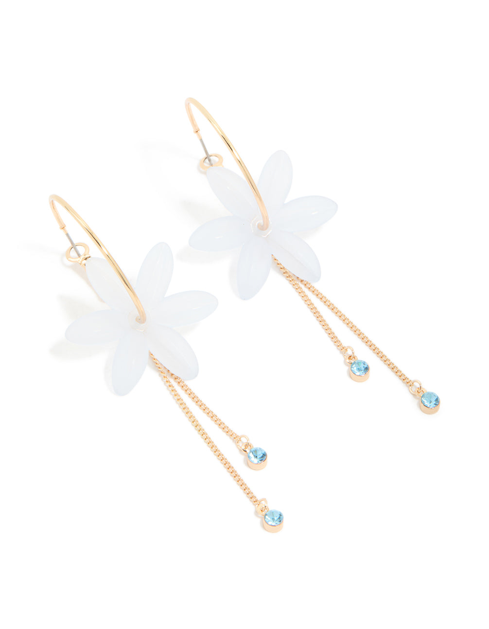 Gold Blue Diamante & White Floral Chain Drop Earrings
