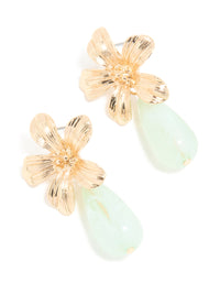 Gold Teal Stone Textured Flower Drop Earrings - link has visual effect only