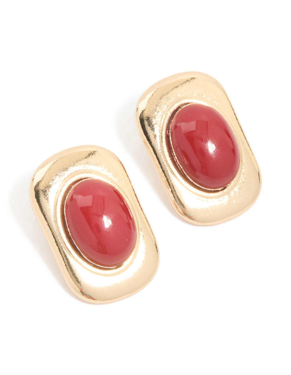 Gold Red Stone Rectangle & Oval Stud Earrings