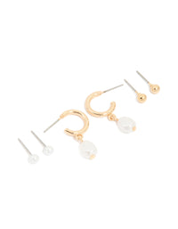 Gold Pearl Hoop & Ball Stud Earrings 3-Pack - link has visual effect only