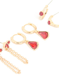 Gold Red Diamante Chain & Huggie Earrings 3-Pack - link has visual effect only