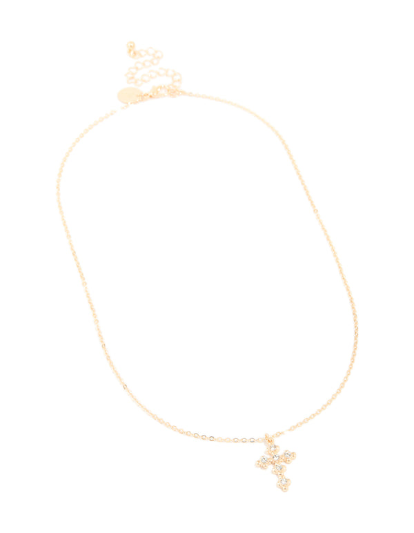 Gold Diamante Vintage Cross Pendant Necklace