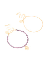 Gold Purple Beaded & Layered Chain Bracelets 2-Pack - link has visual effect only