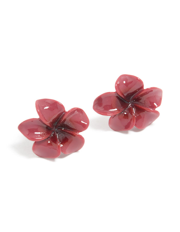 Burgundy Acrylic Frangipani Flower Stud Earrings