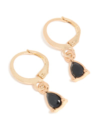 Gold Black Diamante Pear Drop Huggie Earrings - link has visual effect only