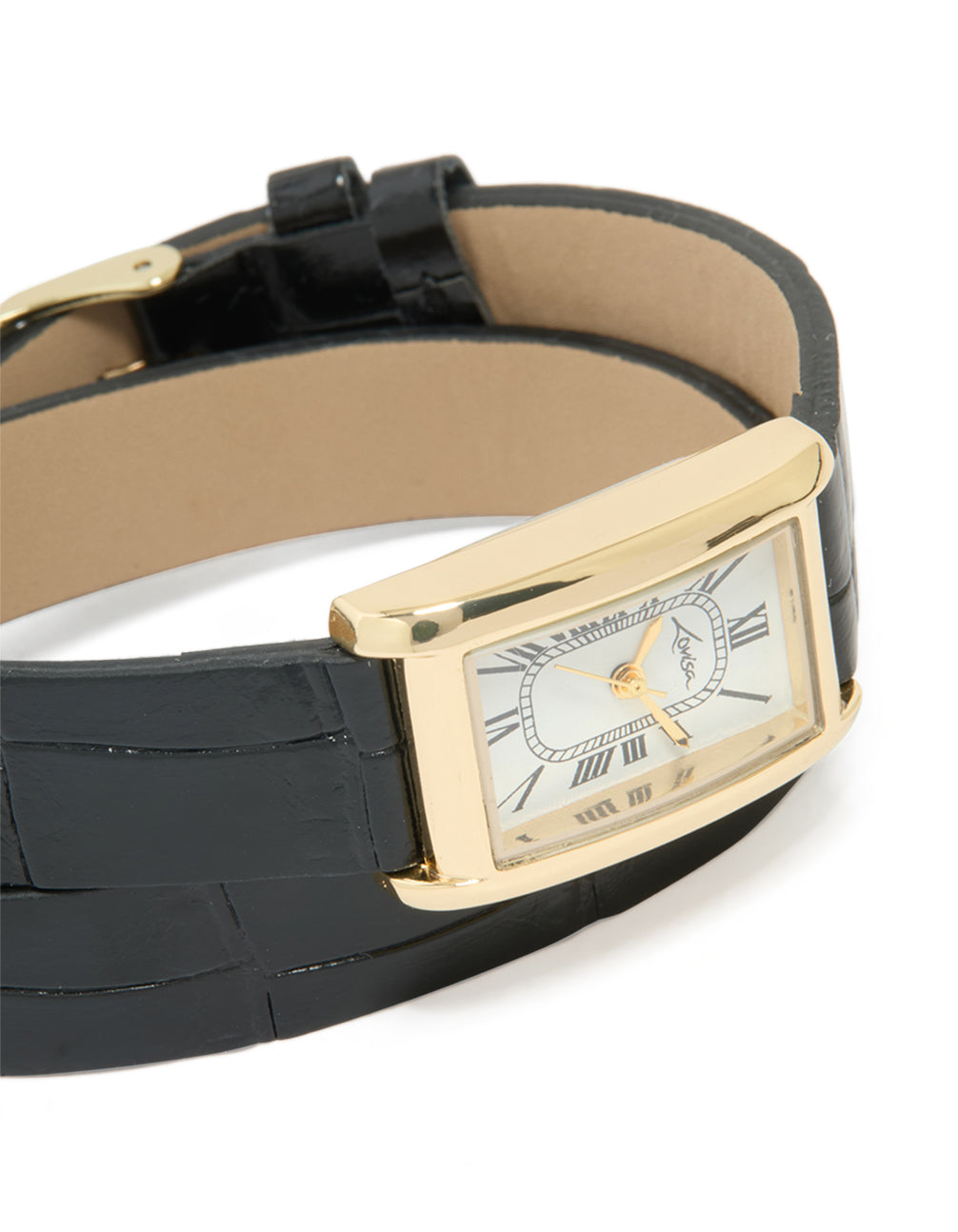 Showcasing a women's analog watch with white dial featuring roman numerals, rectangular shape, formal styling, black PU leather strap, and gold accents watch face detail view