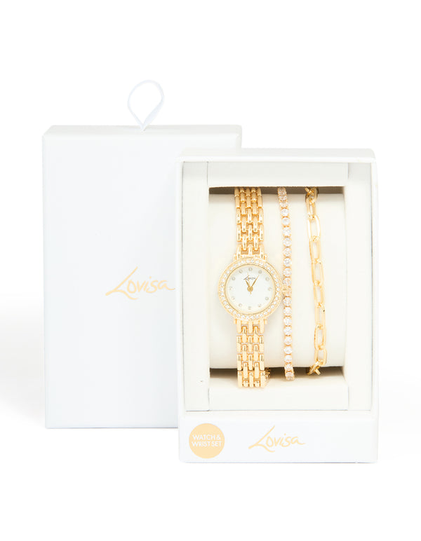 Gold Diamante Watch & Bracelets Set