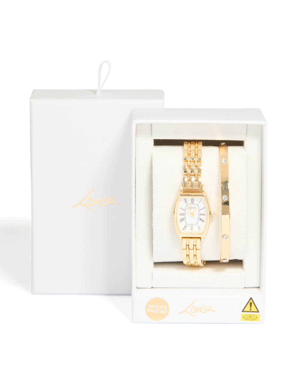 Elegantly presented gold diamante roman numeral analog watch and wrist cuff set featuring white dial for women with link band for formal occasions in a statement style case detail view