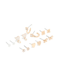 Gold Pearl & Heart Stud Earrings 7-Pack - link has visual effect only