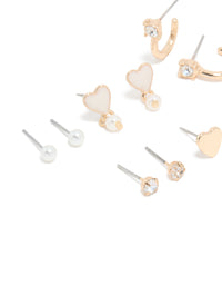 Gold Pearl & Heart Stud Earrings 7-Pack - link has visual effect only