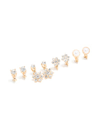 Gold Diamante & Pearl Flower Clip On Earrings 4-Pack - link has visual effect only