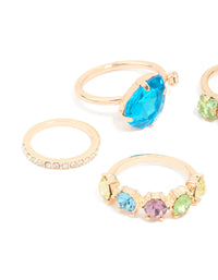 Gold Multicoloured Diamante & Pearl Rings 6-Pack - link has visual effect only