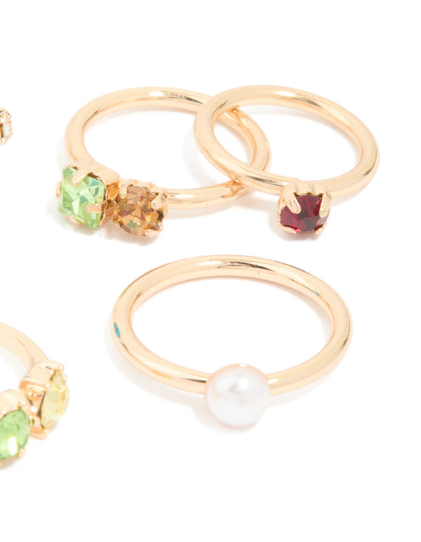 Gold Multicoloured Diamante & Pearl Rings 6-Pack