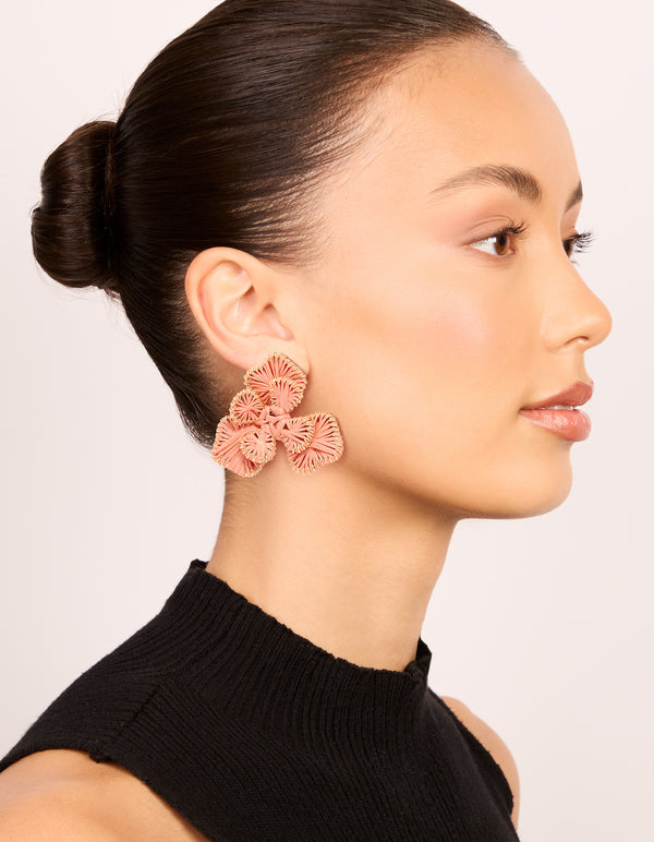 Mixed Metal Pink Raffia Paper Flower Stud Earrings