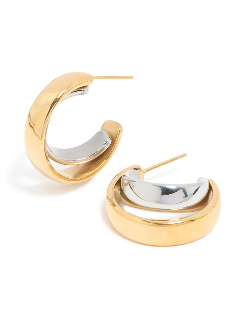 Beautifully crafted waterproof mixed metal plated stainless steel smooth circle open hoop earrings in statement style with gold and silver colors front view