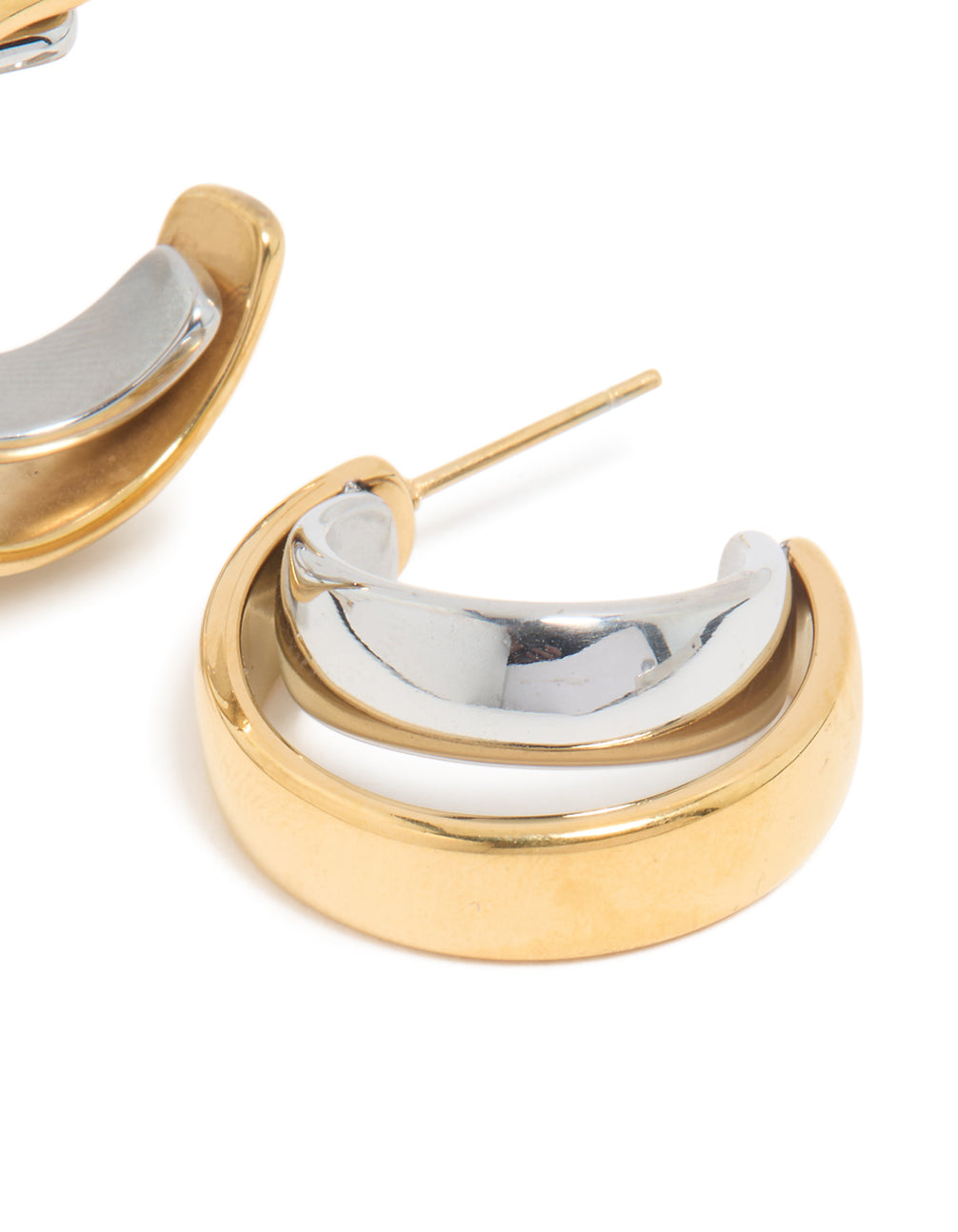 Highlighting waterproof mixed metal plated stainless steel smooth circle open hoop earrings in statement style with gold and silver colors post detail view