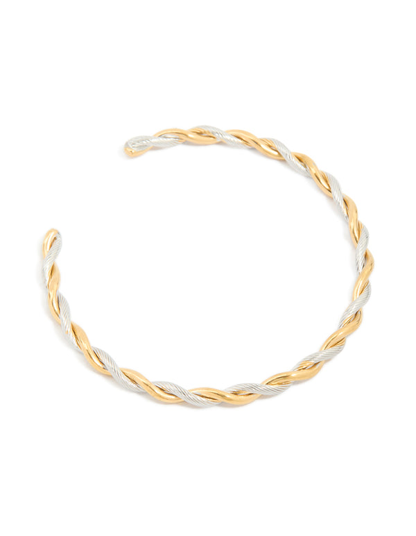 Waterproof Gold Plated Stainless Steel Twist Detail Open Wrist Cuff