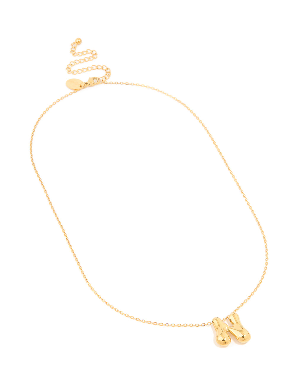 Designed with a large bubble letter N initial pendant in waterproof stainless steel with gold plated finish full length front view