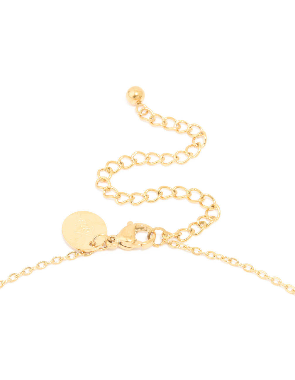 Designed with waterproof bubble letter R initial pendant necklace in gold plated stainless steel clasp detail view