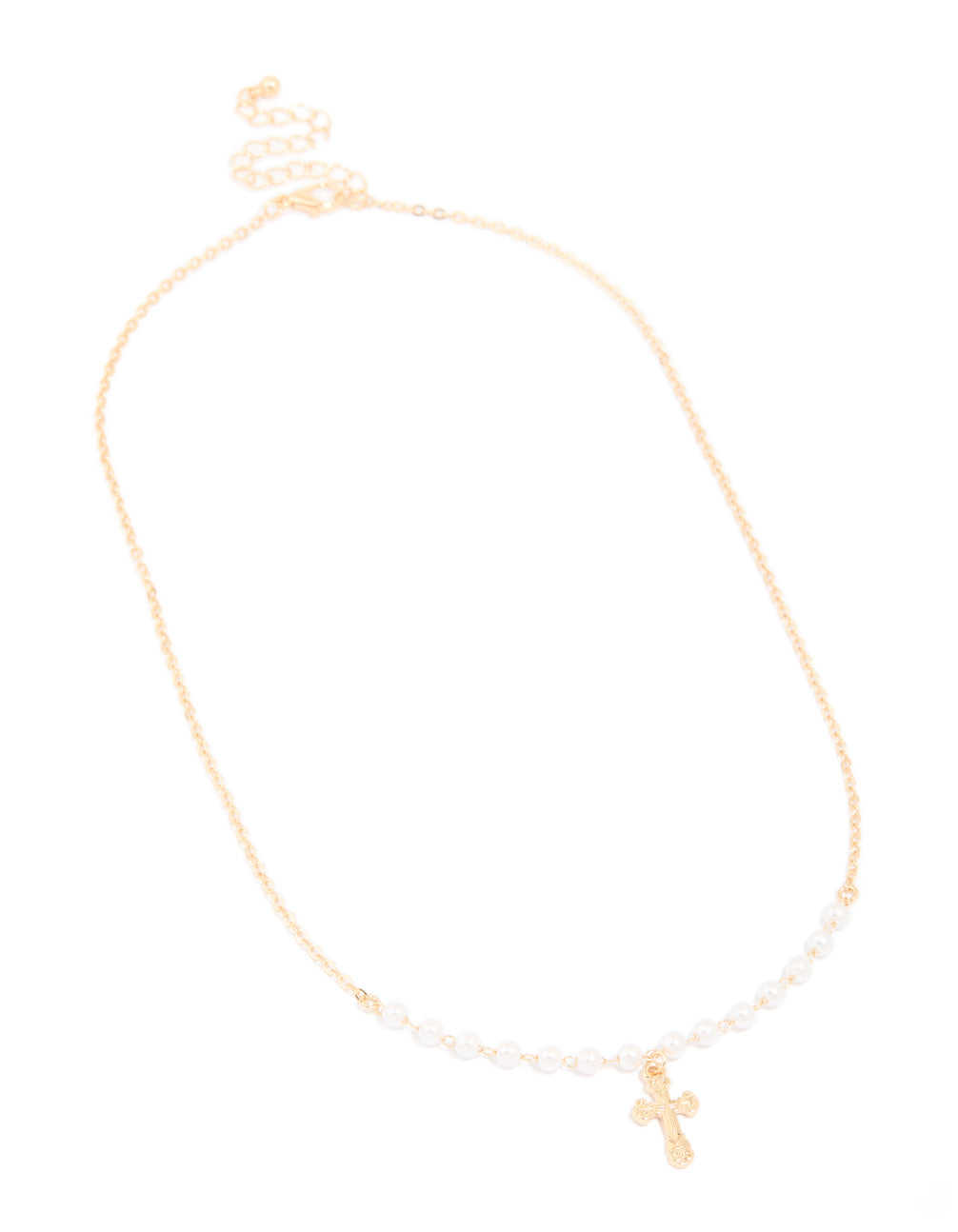 Gold Pearl Cross Pendant Necklace