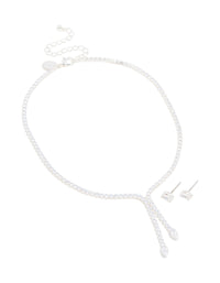 Silver Plated Cubic Zirconia Y-Necklace & Classic Earrings Set - link has visual effect only