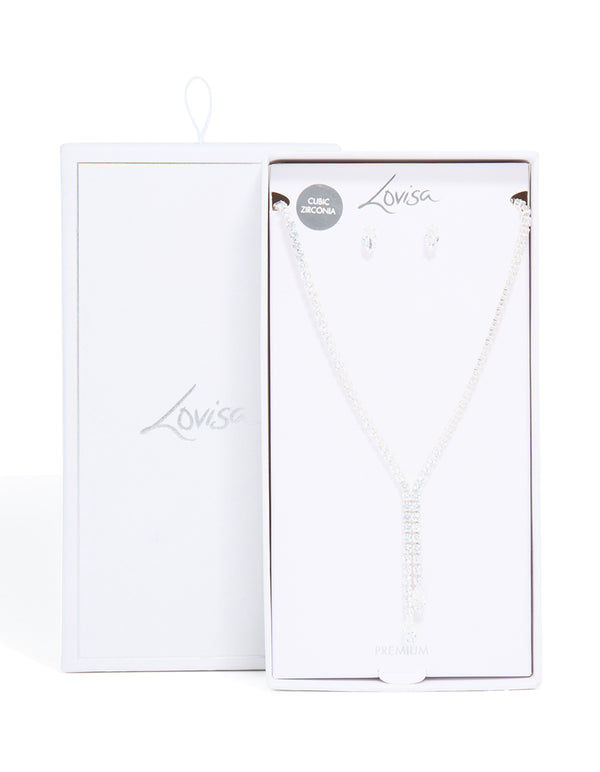 Silver Plated Cubic Zirconia Y-Necklace & Classic Earrings Set