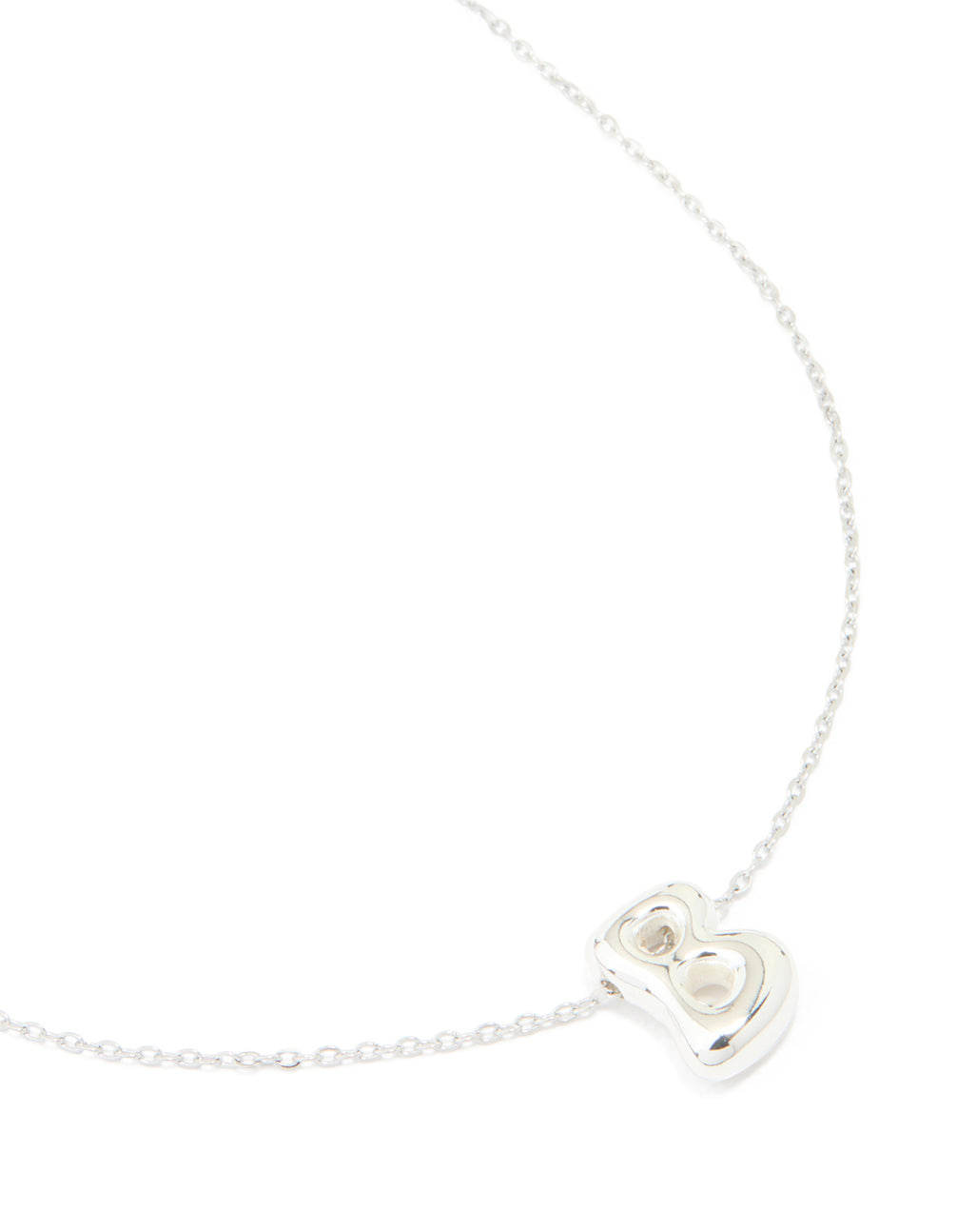 Discover a waterproof stainless steel large bubble letter B initial pendant necklace in silver close up view