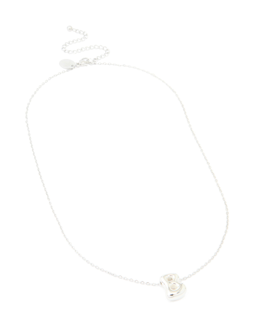 Designed with waterproof stainless steel large bubble letter B initial pendant necklace in silver front view