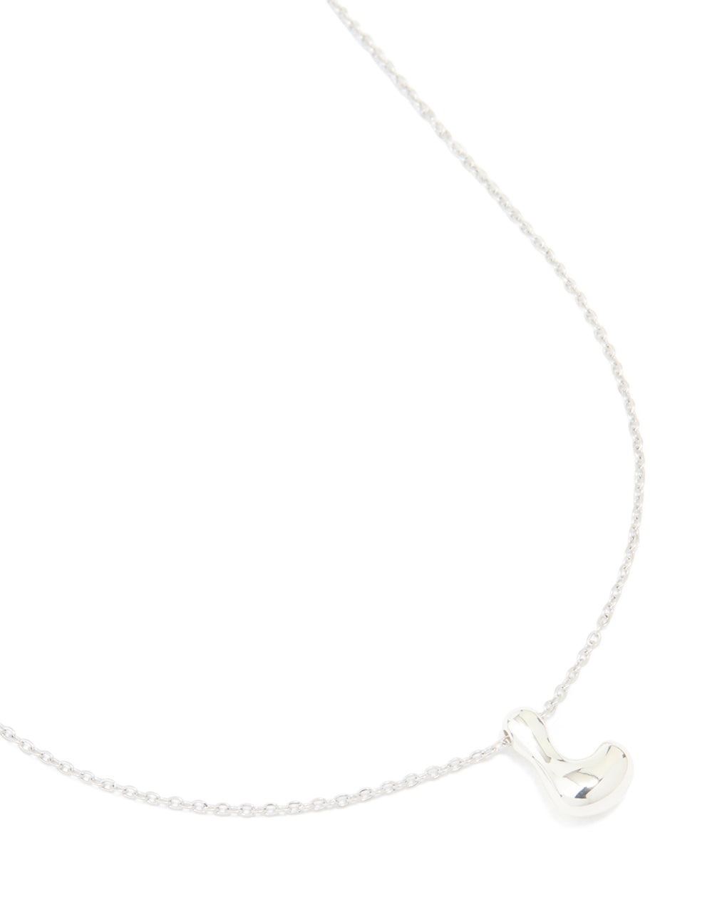 Showcasing a waterproof stainless steel large bubble letter L necklace with initial pendant in silver close up view