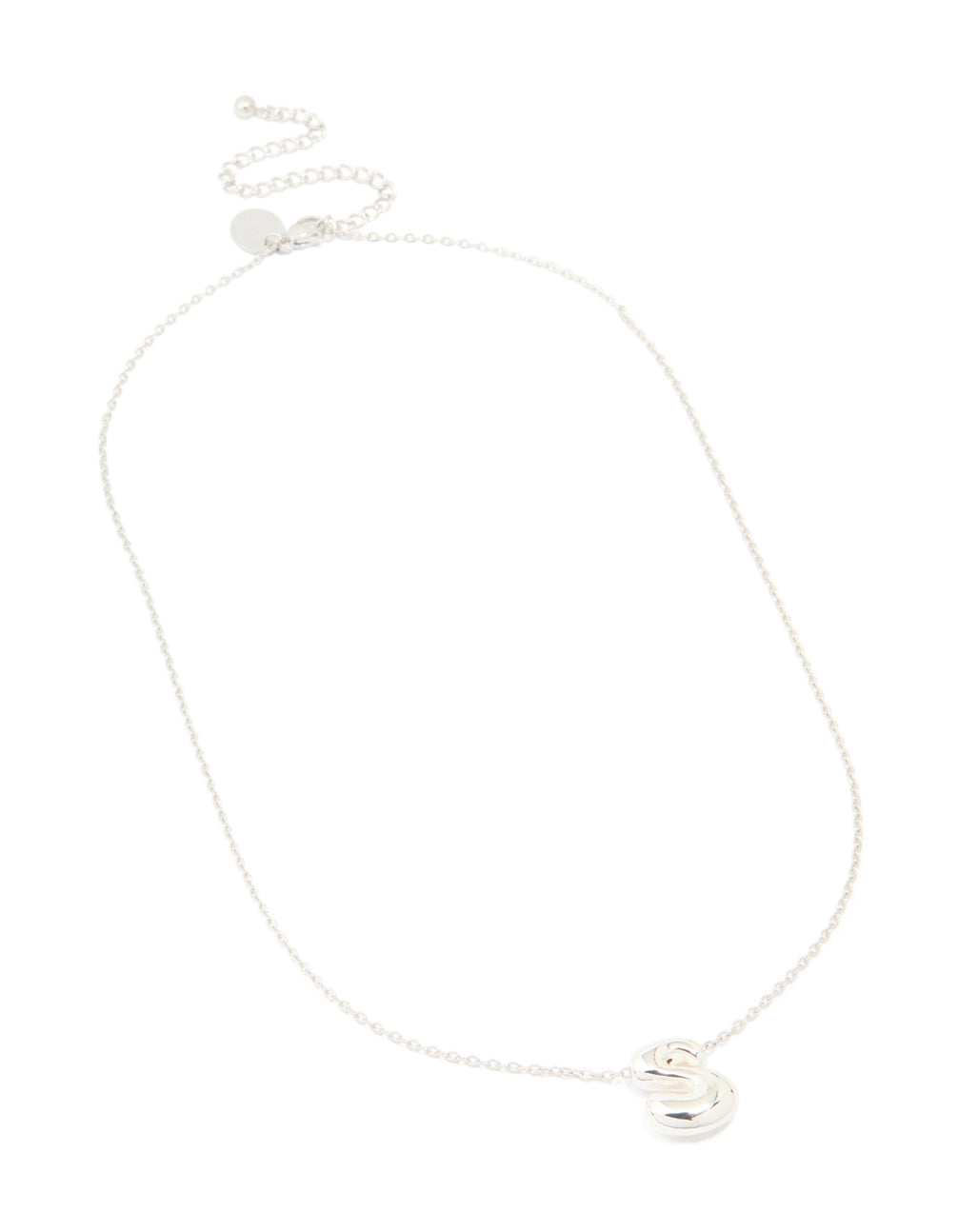 Featuring waterproof stainless steel large bubble letter S pendant initial necklace in silver front view