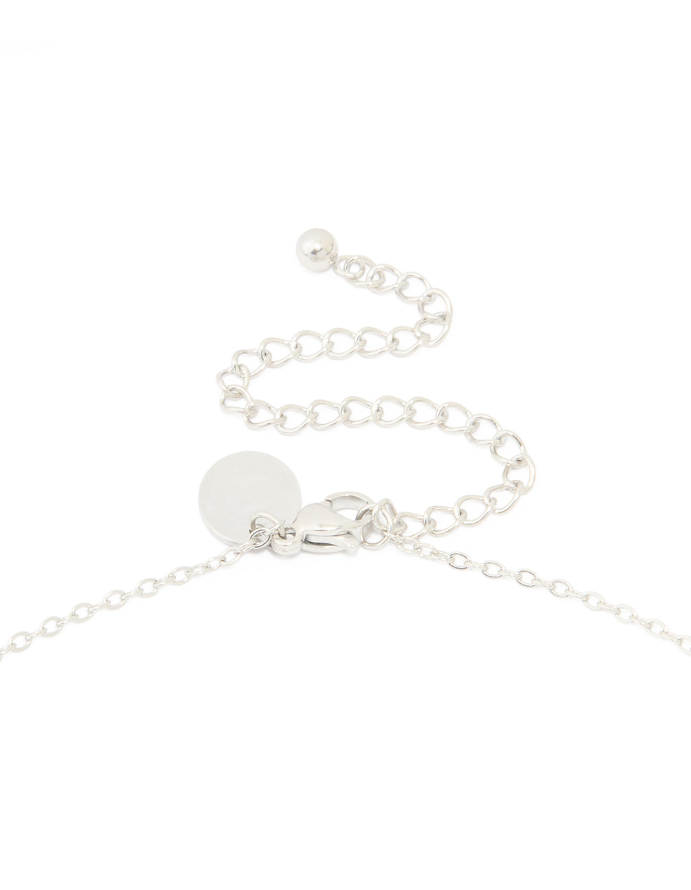 A waterproof stainless steel large bubble letter S pendant initial necklace in silver clasp detail view