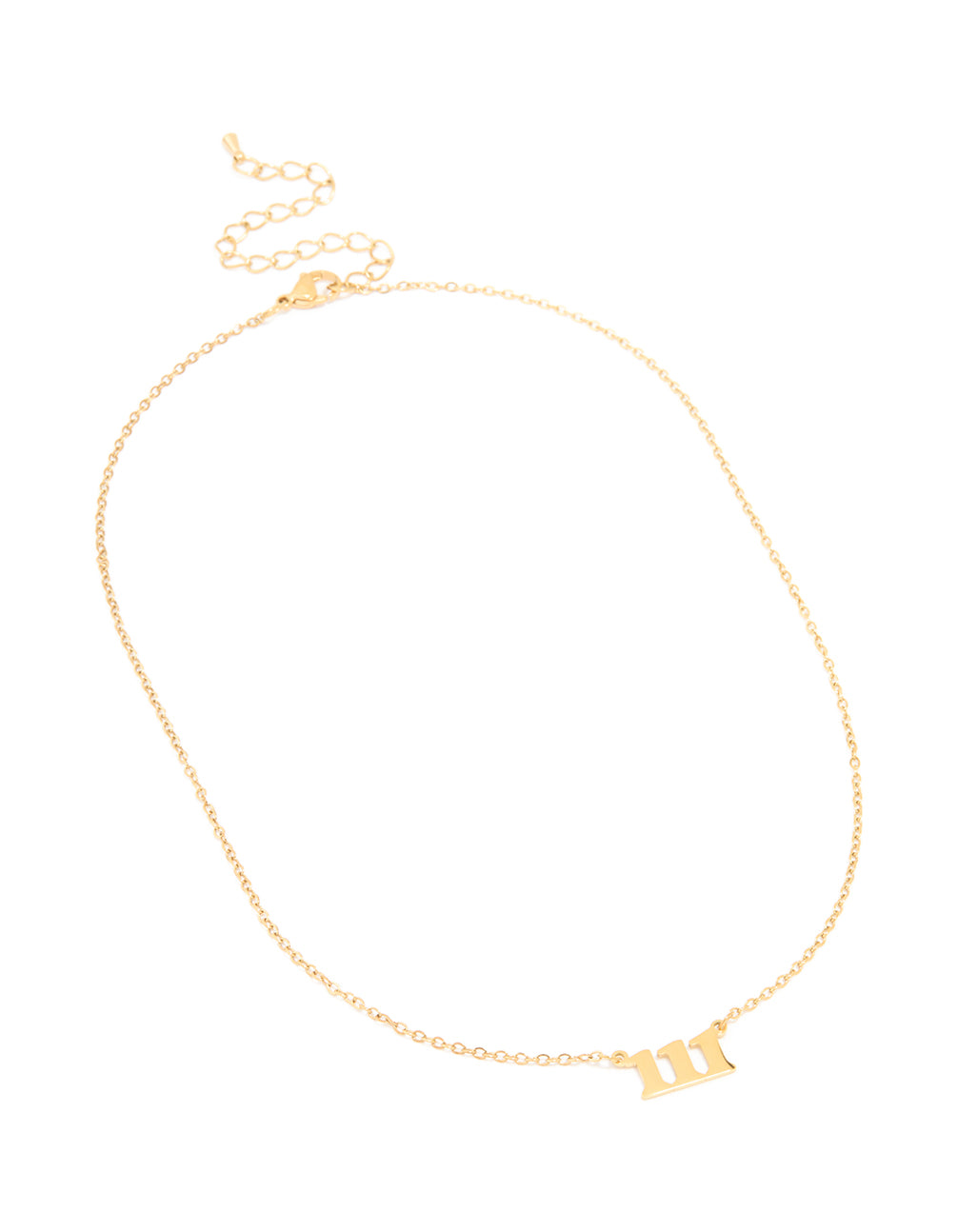 Crafted from waterproof gold plated stainless steel, this angel number 111 necklace features numbers and adjustable chain front view