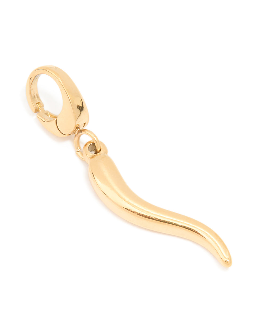 Showcasing a waterproof chilli charm crafted from gold plated stainless steel with food inspired design front view