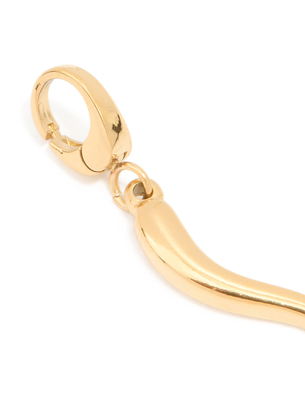 Highlighting a waterproof chilli charm made from gold plated stainless steel with food inspired clasp detail view