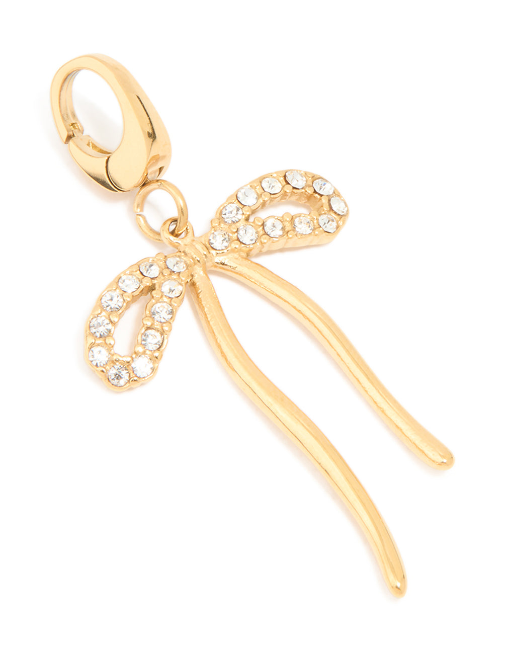 Beautifully designed bow charm crafted from waterproof stainless steel with pavé cubic zirconia in gold plated finish front view
