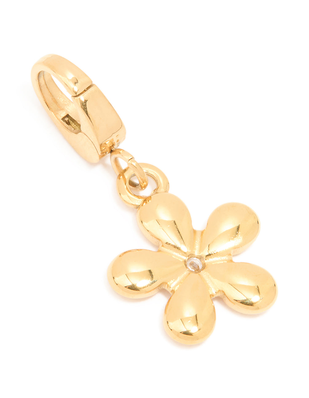 Beautifully designed floral charm crafted from waterproof gold plated stainless steel with diamante center front view