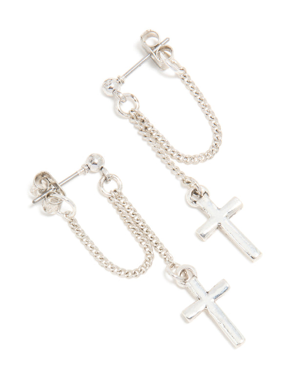 Antique Silver Chain Cross Drop Earrings